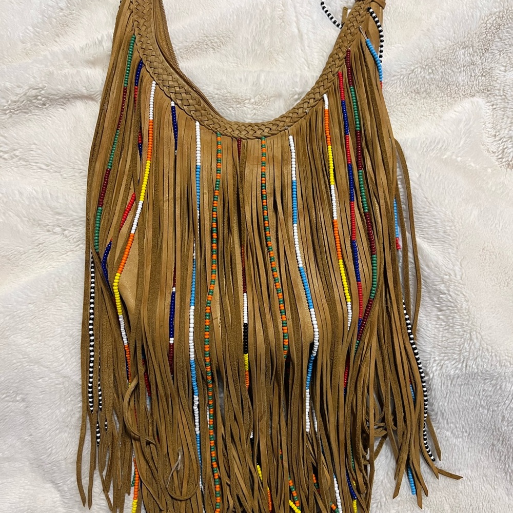 Beaded fringe leather purse